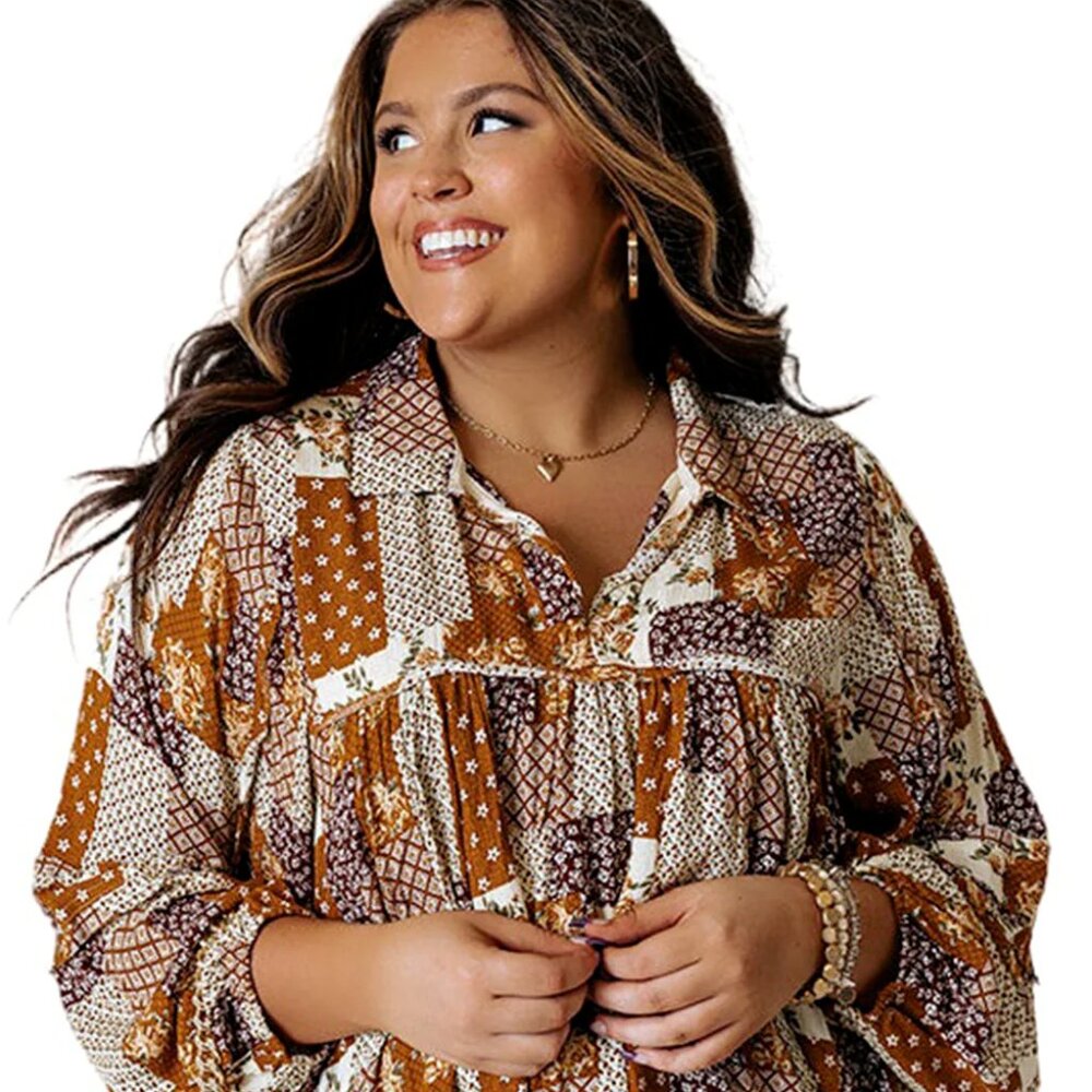 3X Lightweight Patchwork Pullover Top Balloon Sleeve